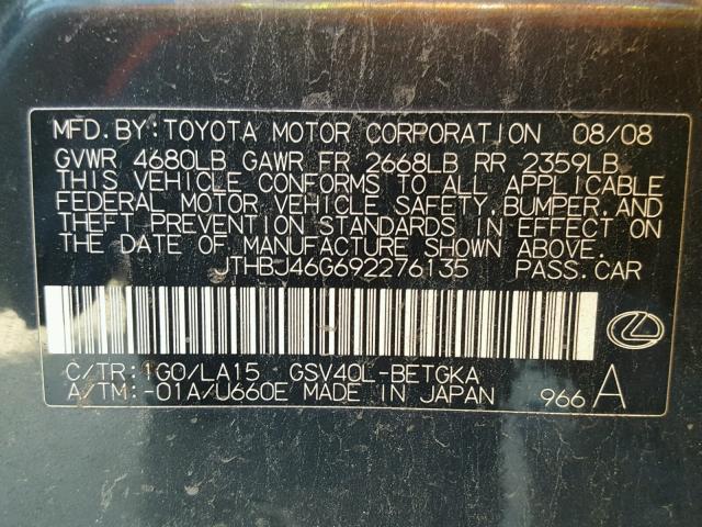 JTHBJ46G692276135 - 2009 LEXUS ES 350 CHARCOAL photo 10