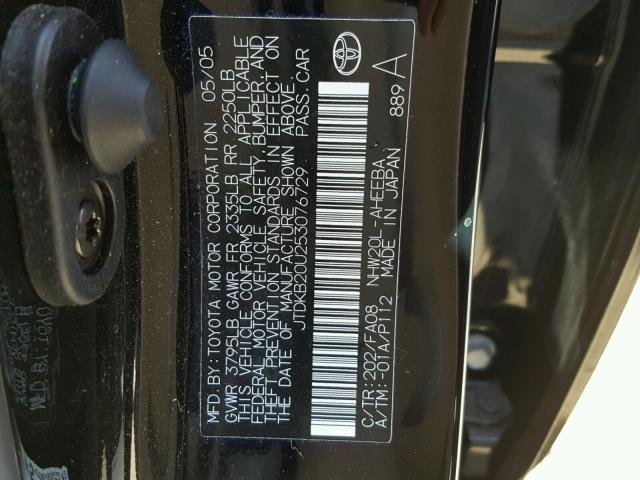 JTDKB20U253076729 - 2005 TOYOTA PRIUS BLACK photo 10