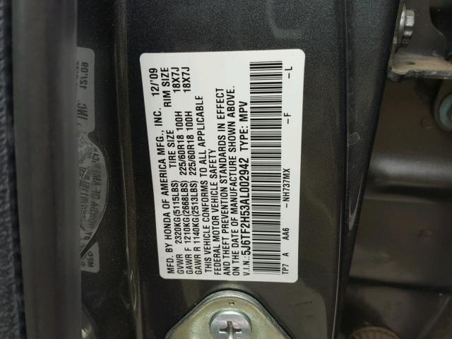 5J6TF2H53AL002942 - 2010 HONDA ACCORD CRO CHARCOAL photo 10