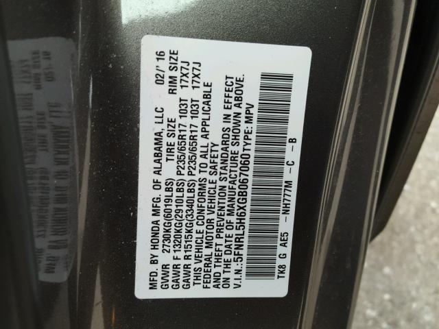 5FNRL5H6XGB067060 - 2016 HONDA ODYSSEY EX GRAY photo 10