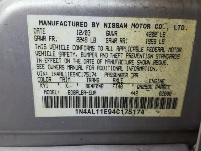 1N4AL11E94C175174 - 2004 NISSAN ALTIMA BAS SILVER photo 10