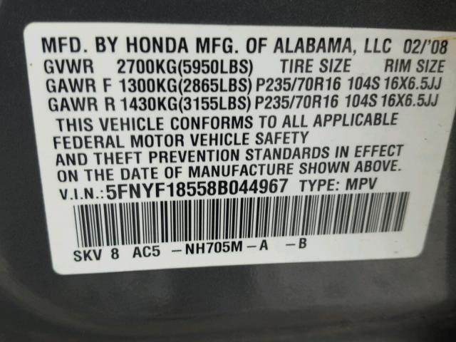 5FNYF18558B044967 - 2008 HONDA PILOT EXL GRAY photo 10