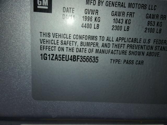 1G1ZA5EU4BF356635 - 2011 CHEVROLET MALIBU LS ვერცხლისფერი ფოტო 10