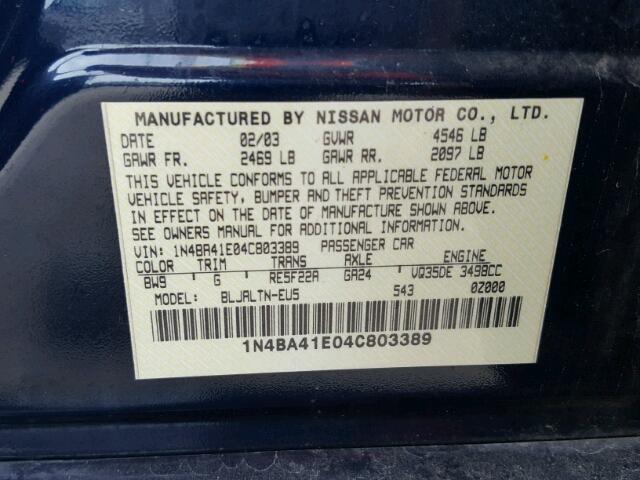 1N4BA41E04C803389 - 2004 NISSAN MAXIMA SE BLUE photo 10