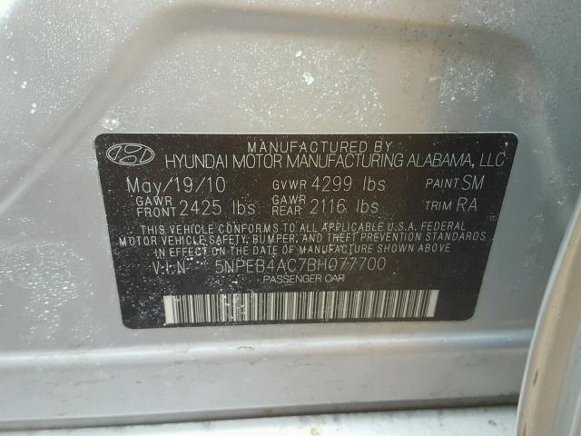 5NPEB4AC7BH077700 - 2011 HYUNDAI SONATA GLS SILVER photo 10