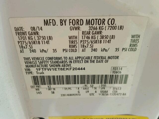 1FTFW1ET8EKF20444 - 2014 FORD F150 SUPER WHITE photo 10