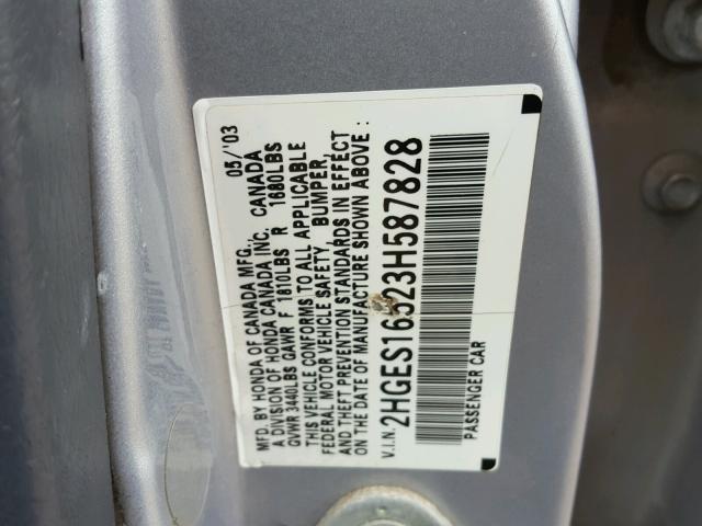 2HGES16523H587828 - 2003 HONDA CIVIC LX SILVER photo 10