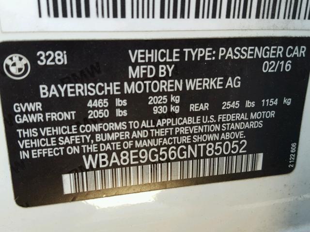 WBA8E9G56GNT85052 - 2016 BMW 328 I SULE WHITE photo 10