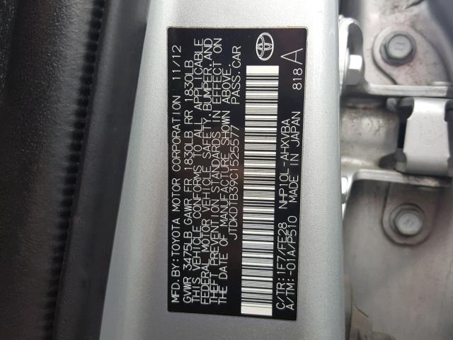 JTDKDTB39C1525577 - 2012 TOYOTA PRIUS C SILVER photo 10