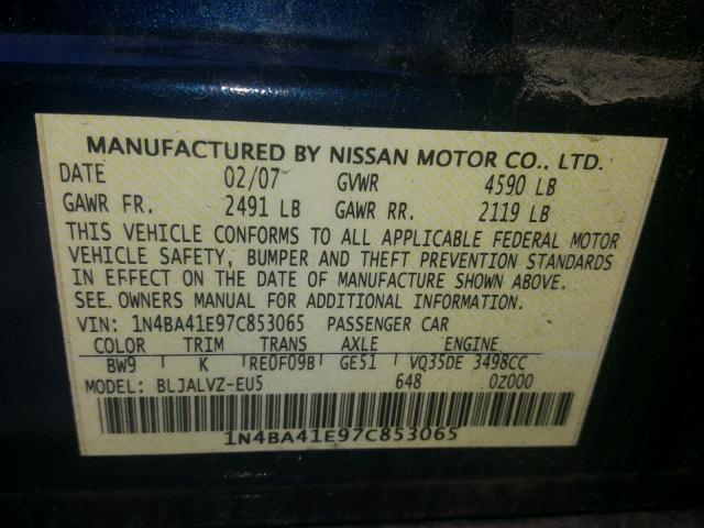 1N4BA41E97C853065 - 2007 NISSAN MAXIMA SE BLUE photo 10