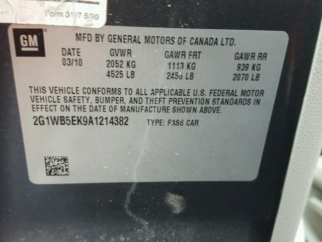 2G1WB5EK9A1214382 - 2010 CHEVROLET IMPALA LT GRAY photo 10