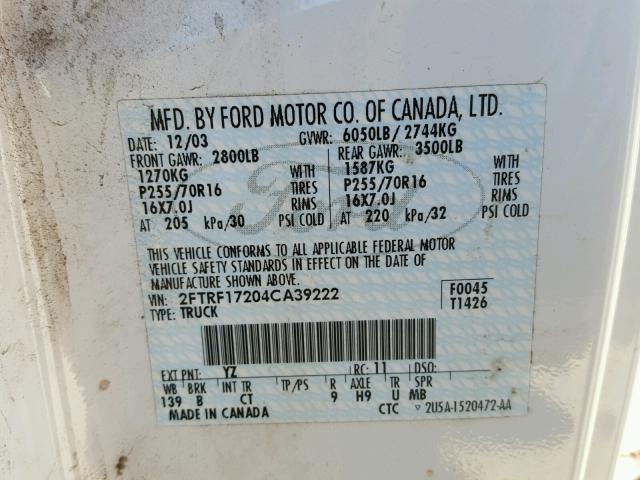 2FTRF17204CA39222 - 2004 FORD F-150 HERI WHITE photo 10