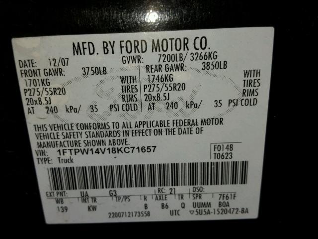 1FTPW14V18KC71657 - 2008 FORD F150 SUPER BLACK photo 10