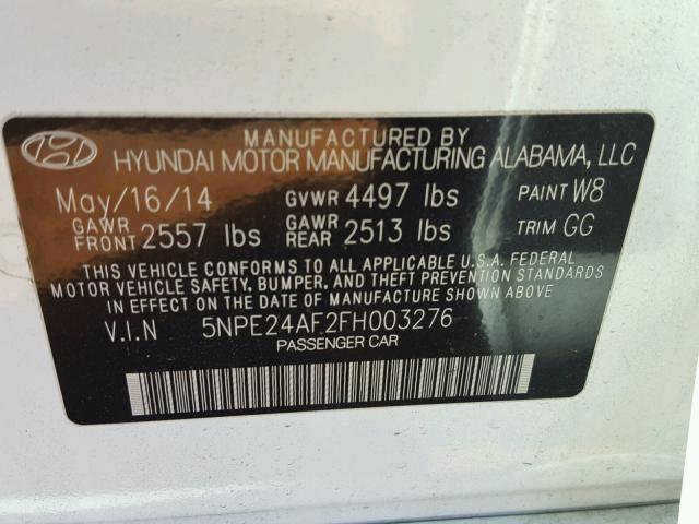 5NPE24AF2FH003276 - 2015 HYUNDAI SONATA SE WHITE photo 10