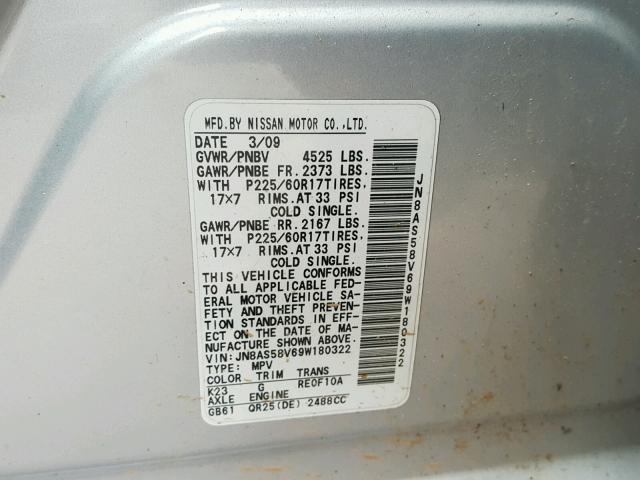 JN8AS58V69W180322 - 2009 NISSAN ROGUE S SILVER photo 10