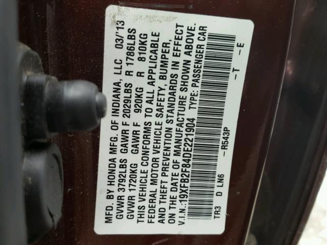 19XFB2F84DE221904 - 2013 HONDA CIVIC EX MAROON photo 10