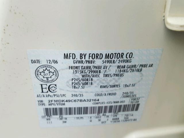 2FMDK49C67BA32164 - 2007 FORD EDGE SEL P WHITE photo 10