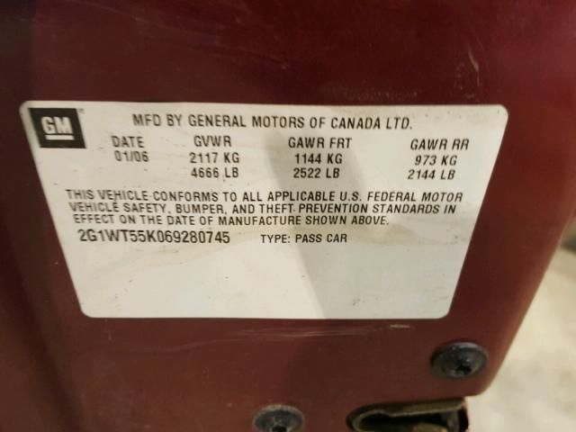 2G1WT55K069280745 - 2006 CHEVROLET IMPALA LT MAROON photo 10