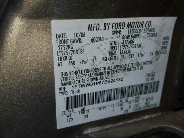 1FTWW31P67EB24132 - 2007 FORD F350 SRW S TAN photo 10