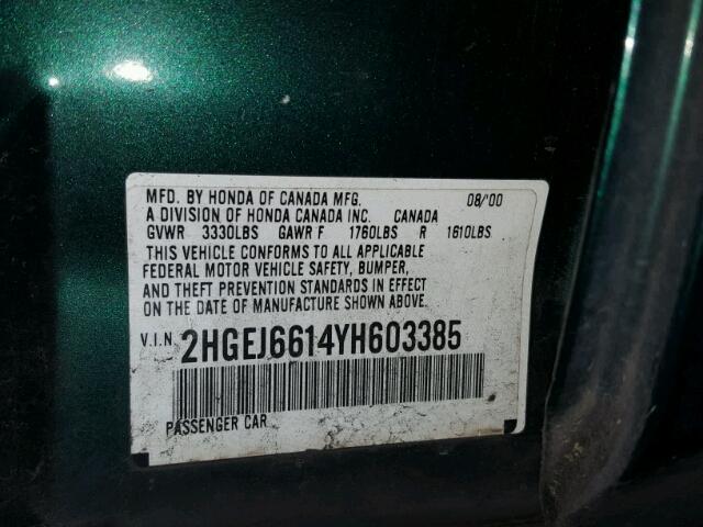 2HGEJ6614YH603385 - 2000 HONDA CIVIC BASE GREEN photo 10