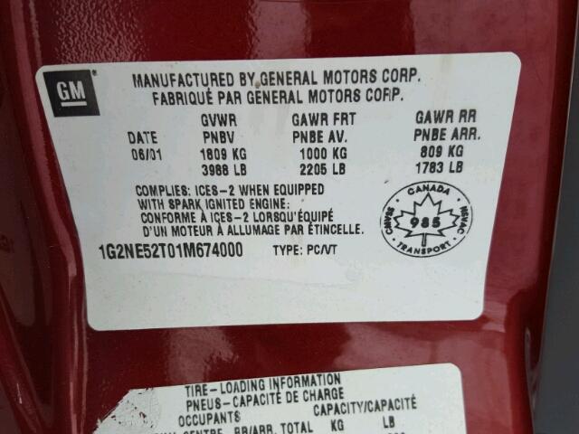 1G2NE52T01M674000 - 2001 PONTIAC GRAND AM S ბურგუნდია ფოტო 10