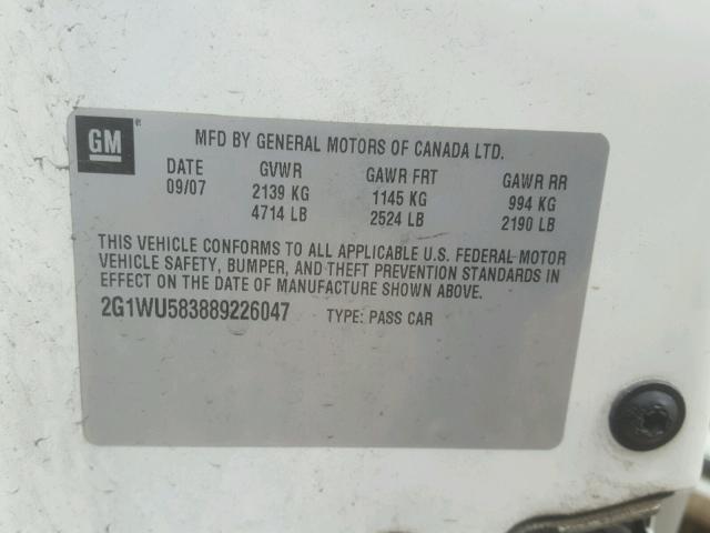 2G1WU583889226047 - 2008 CHEVROLET IMPALA LTZ WHITE photo 10