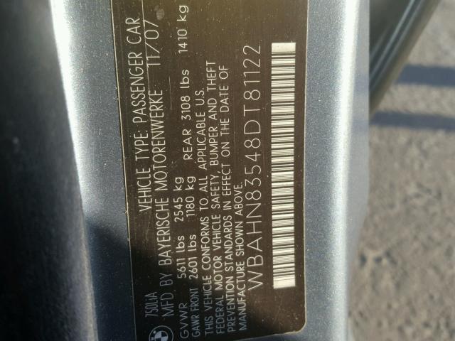 WBAHN83548DT81122 - 2008 BMW 750 LI GRAY photo 10