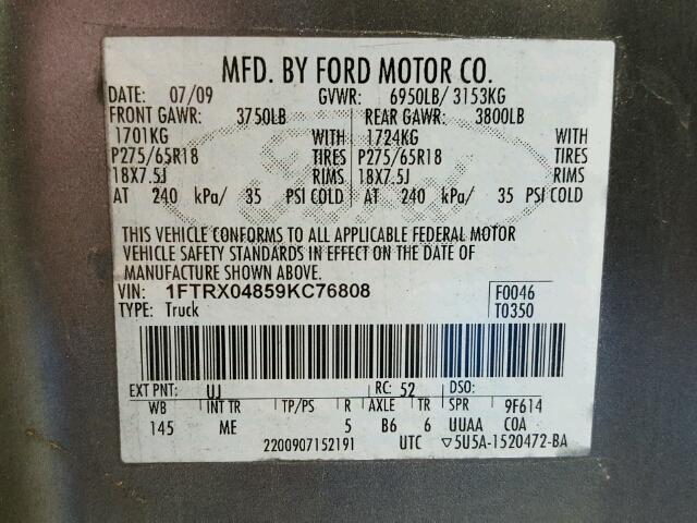 1FTRX04859KC76808 - 2009 FORD F150 SUPER GRAY photo 10