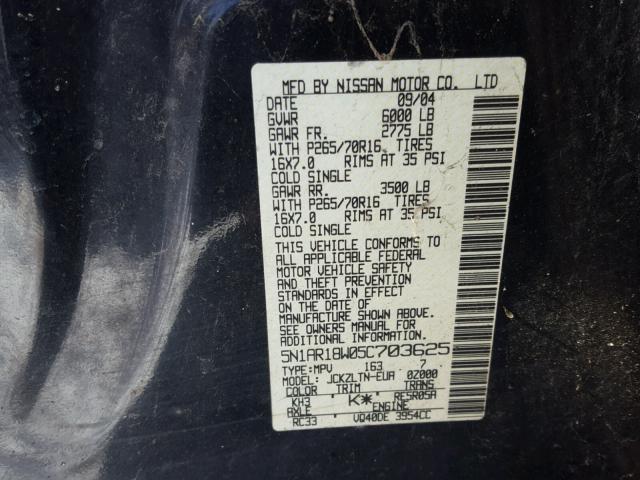 5N1AR18W05C703625 - 2005 NISSAN PATHFINDER BLACK photo 10