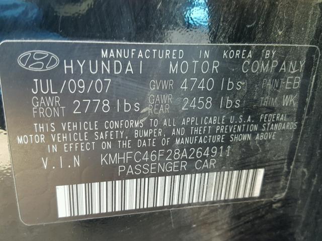 KMHFC46F28A264911 - 2008 HYUNDAI AZERA SE BLACK photo 10