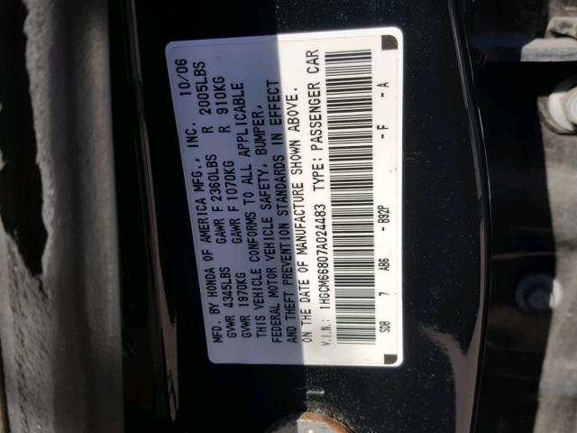 1HGCM66807A024483 - 2007 HONDA ACCORD EX BLACK photo 10