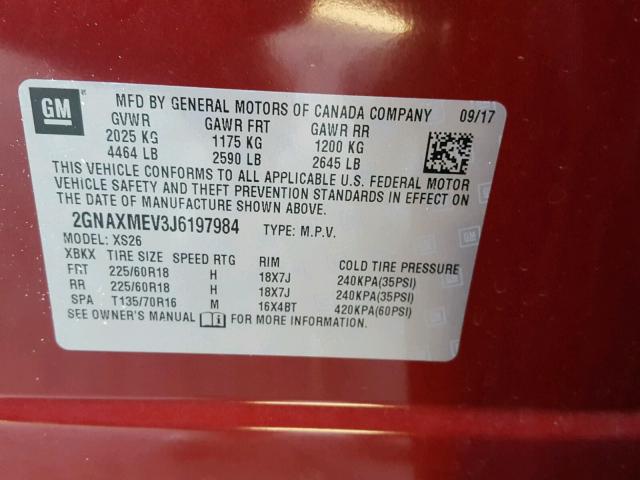 2GNAXMEV3J6197984 - 2018 CHEVROLET EQUINOX PR RED photo 10