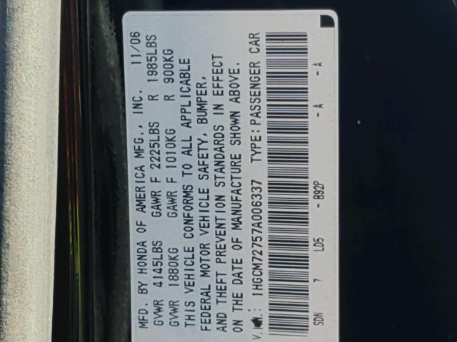 1HGCM72757A006337 - 2007 HONDA ACCORD EX BLACK photo 10