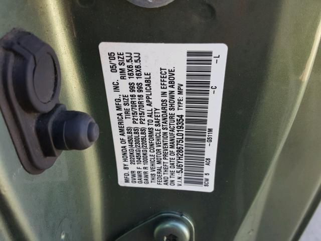 5J6YH28675L019354 - 2005 HONDA ELEMENT EX GREEN photo 10