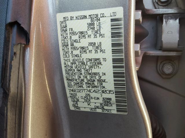 1N6ED27T74C423035 - 2004 NISSAN FRONTIER C GOLD photo 10