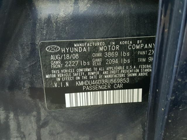 KMHDU46D38U569853 - 2008 HYUNDAI ELANTRA GL BLUE photo 10