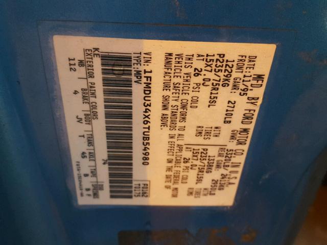 1FMDU34X6TUB54980 - 1996 FORD EXPLORER BLUE photo 10