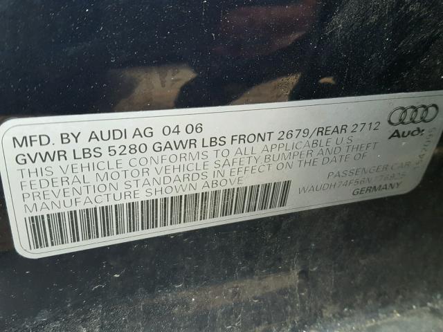 WAUDH74F56N176925 - 2006 AUDI A6 3.2 QUA BLUE photo 10