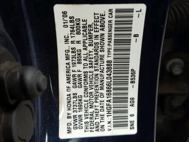 1HGFA16866L043888 - 2006 HONDA CIVIC EX BLUE photo 10