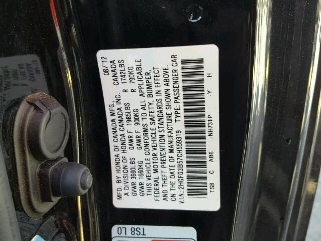 2HGFG3B57CH559319 - 2012 HONDA CIVIC LX BLACK photo 10