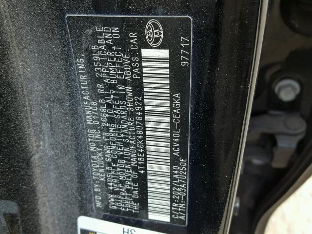 4T1BE46K48U784922 - 2008 TOYOTA CAMRY CE BLACK photo 10