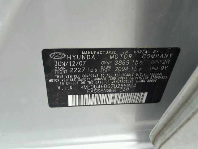 KMHDU46D67U255824 - 2007 HYUNDAI ELANTRA GL SILVER photo 10