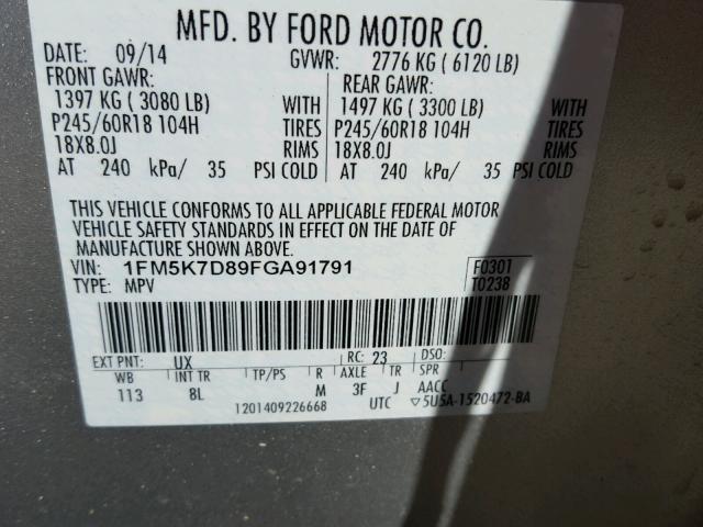 1FM5K7D89FGA91791 - 2015 FORD EXPLORER X SILVER photo 10