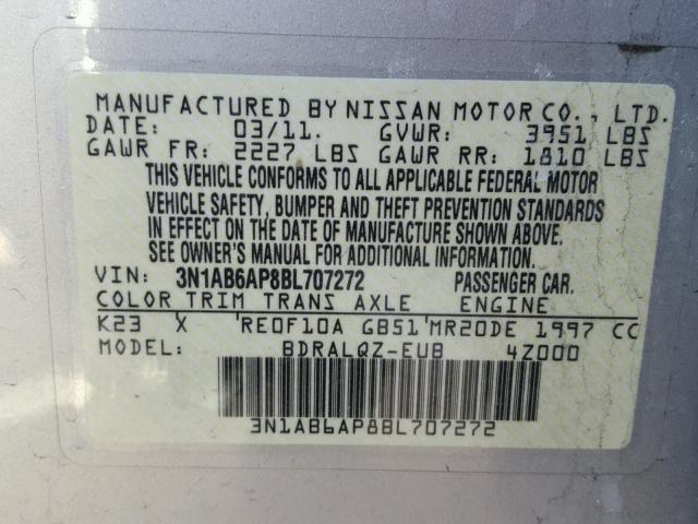 3N1AB6AP8BL707272 - 2011 NISSAN SENTRA 2.0 SILVER photo 10