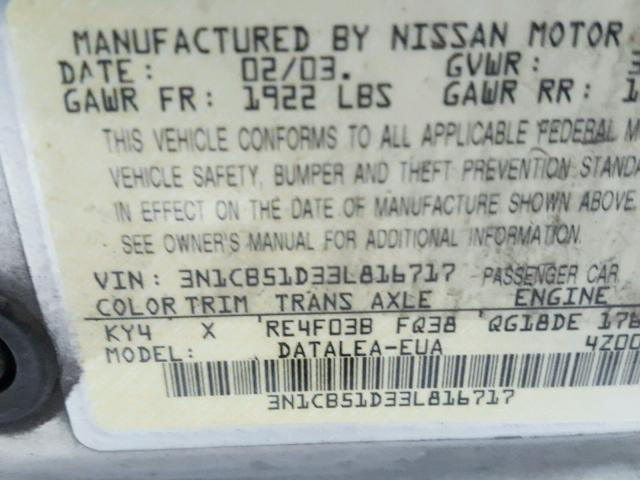 3N1CB51D33L816717 - 2003 NISSAN SENTRA XE SILVER photo 10