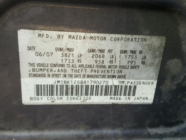 JM1BK12G881790270 - 2008 MAZDA 3 I GRAY photo 10