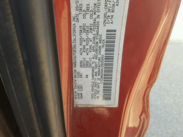 5TESN92N91Z805889 - 2001 TOYOTA TACOMA XTR RED photo 10