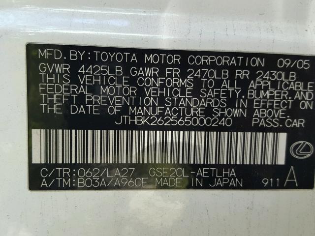 JTHBK262565000240 - 2006 LEXUS IS 250 WHITE photo 10