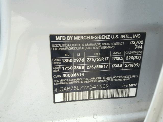 4JGAB75E72A341609 - 2002 MERCEDES-BENZ ML 500 SILVER photo 10