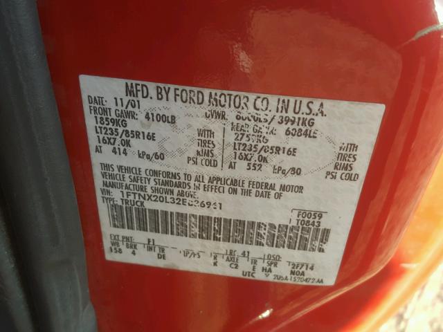 1FTNX20L32EB36961 - 2002 FORD F250 SUPER RED photo 10